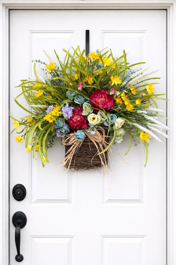 Rose Peony Hydrangea Basket Wreath, Front Door Decor (26")