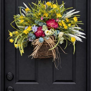 Rose Peony Hydrangea Basket Wreath, Front Door Decor (26") image 3