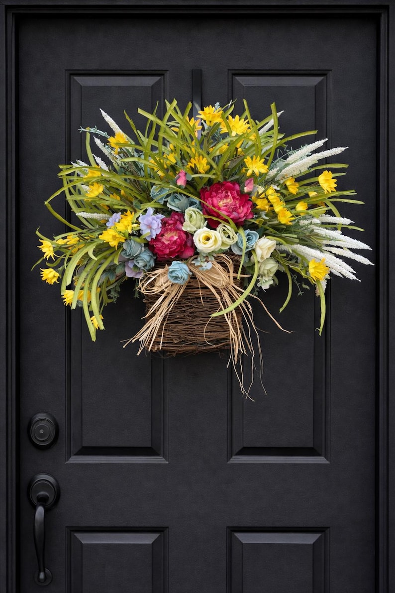 Rose Peony Hydrangea Basket Wreath, Front Door Decor (26") image 3