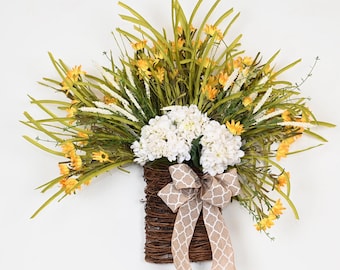 Hydrangea Basket Door Hanger, Daisy Lavender Wreath, Rustic Outdoor Decor