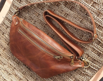 Vintage brown Leather Fanny Pack Crossbody women belt bag sling bag Waist Bag for men