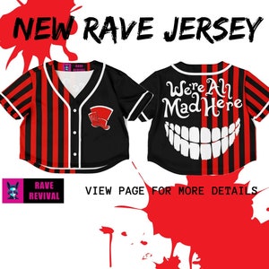 Rave Jersey Crop Top Mad Hatter Rave Jersey Were all Mad Here Rave Womens Rave Outfit Alice in Wonderland Rave jersey Chesire Cat Gift