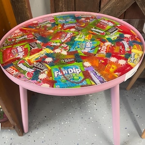 Sweet Treats Resin Table Candy Epoxy Resin Art Side End Coffee Table Fun Dip, Warheads, Nerds, Retro Candy Decor Unique Handmade Furniture
