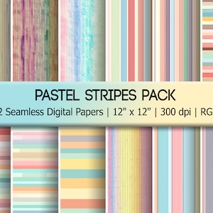 Pastel Stripes Seamless Digital Paper Pack, 12 Colorful Repeating Patterns, Print or Use Digitally, Commercial Use
