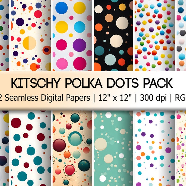 Pastel Polka Dots Digital Paper, 12 Kitschy Seamless Patterns, Vintage 60s & 70s Inspired Pastel Colors, Retro Crafts