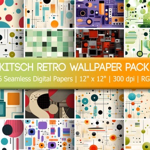 Kitsch Retro Geometric Wallpaper Pack, 16 nahtlose, von den 60er und 70er Jahren inspirierte digitale Muster, ideal für DIY-Projekte, farbenfrohe Designs