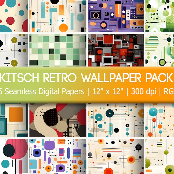 Kitsch Retro Geometric Wallpaper Pack, 16 Seamless 60s and 70s inspired Digital Patterns, Ideal for DIY Projects, Colorful Designs