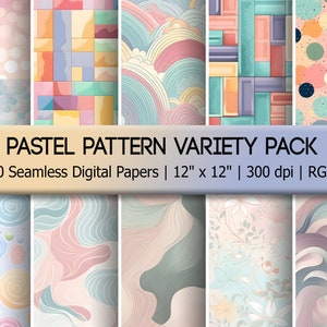 Pastel Pattern Variety Pack, Seamless Digital Papers, 10 Pack, soft pastel dots, swirls, boxes and florals
