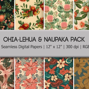 Ohia-Lehua & Naupaka Hawaiian Flower Digital Paper Pack - Floral print - Tropical - Craft Paper - Seamless Pattern