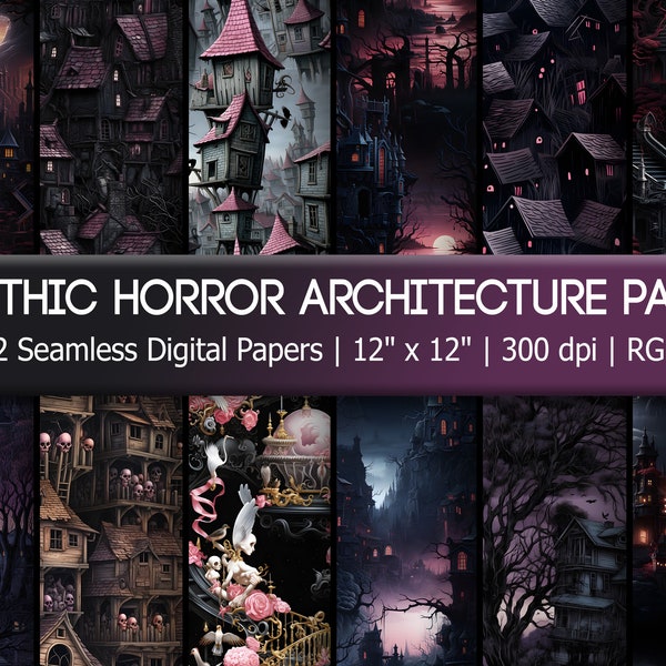 Gothic Architecture Digital Papers - 12 Dark, Moody, Tiling Designs for Halloween - Unique Printable Patterns for horror fans - Lovecraft
