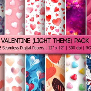 Paquete de papel digital del Día de San Valentín (luz) - 12 patrones románticos sin costuras con corazones, dulces y rosas - Perfecto para el amor y el romance