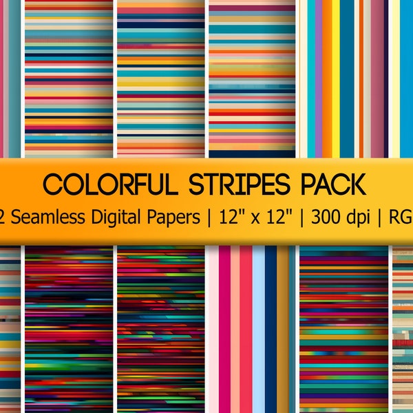 Colorful, Vibrant Stripes Seamless Digital Paper Pack - 12 Tiling Striped Patterns - Paper textures