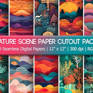 Nature Scenery Digital Paper Pack, Paper Cutout Style, 10 Seamless Tiling Patterns, Forest Scene, Sunset, Sunrise, Clouds