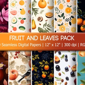 Pacote de papel digital de frutas e folhas de outono - 10 padrões perfeitos de maçãs, laranjas, frutas vermelhas e pássaros - álbum de recortes, convites