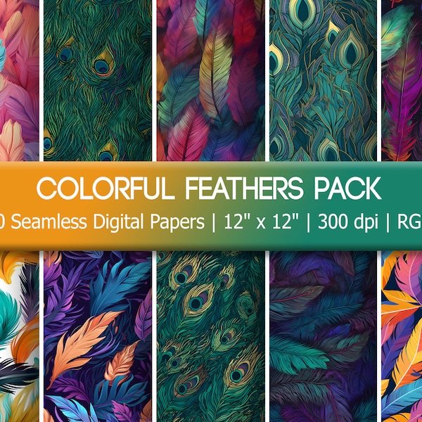 Colorful Feather Seamless Digital Paper Pack - 10 Tiling Patterns - Bird Feathers - Peacock Feather - Animal Print