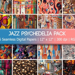 Papiers numériques sans couture Jazz Pyschedelia, motifs rétro colorés pour travaux manuels numériques, cadeau unique pour artistes et musiciens, paquet de 16