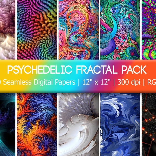 Psychedelic Fractal Pattern Pack - 10 Vibrant Colorful Mandelbrot Digital Papers - Trippy Designs, 60's and 70's Hippy Flower Power