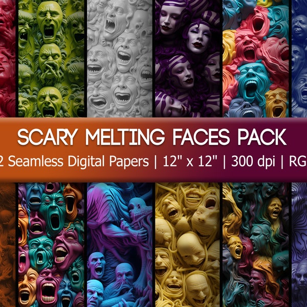 Scary Melting Wax Faces Pack - 12 Haunting, Macabre, Seamless Digital Paper Patterns - Halloween, Psychedelic, Ghost, Ghoul, Dripping