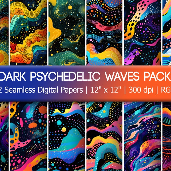 Dark Psychedelic Waves and Dots Seamless Digital Papers - 12 Pack of Trippy Tiling Designs