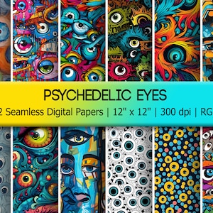 Psychedelic Eyes Seamless Digital Papers, 12 Repeating Patterns, Eyeballs, Trippy, Commercial Use, Printable, Graffiti Art