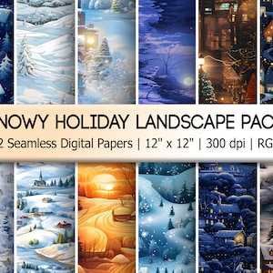 Snowy Holiday Landscape Digital Paper Pack, 12 Seamless Christmas Inspired Patterns, Christmas gift wrap, Norman Rockwell Inspired, Winter