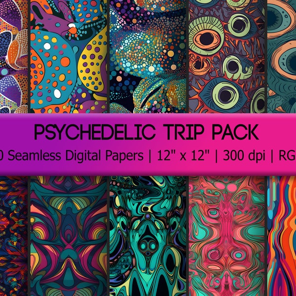 Psychedelic Seamless Digital Paper Patterns - 10 Pack - Colorful, Trippy, Counter-culture, eyeballs, repeating, tiling