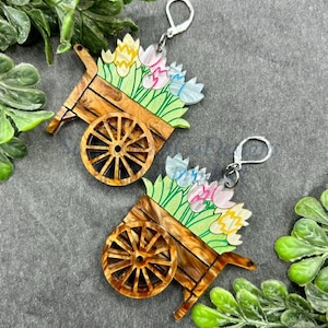 Glowforge Laser Spring Flower Cart Warstwowe akrylowe kolczyki Plik cyfrowy do pobrania SVG