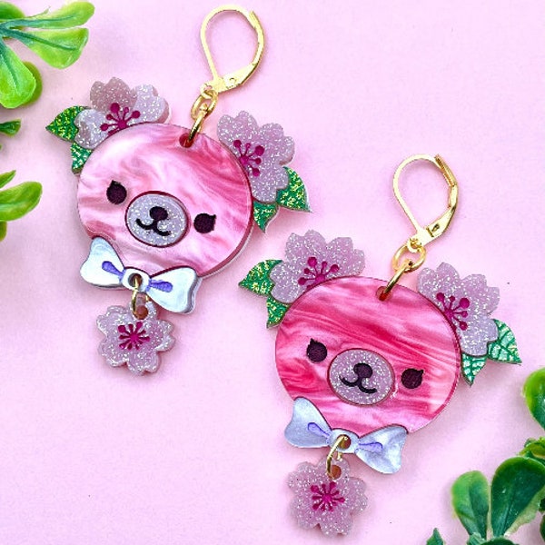Glowforge Laser Sakura Cherry Blossom Bear Layered Acrylic Earrings File Digital Download SVG