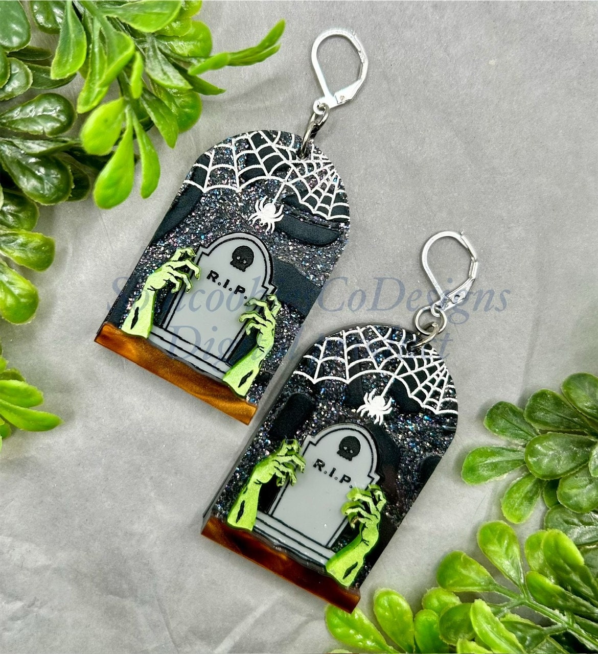Glowforge Laser Halloween Zombie Grave Spooky Layered Acrylic Earrings File Digital Download SVG
