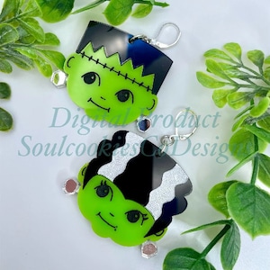 Glowforge Laser Kawaii Kitschy Frankenstein and Bride of Frankenstein Kewpie Layered Acrylic Earrings File Digital Download SVG