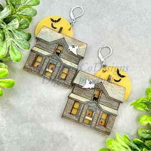 Glowforge Laser Spooky Halloween House Acrylic and Wood Earrings File Digital Download SVG