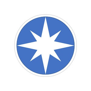 May include: A white eight-pointed star on a blue circle background. The star is centered in the circle and has a white outline.