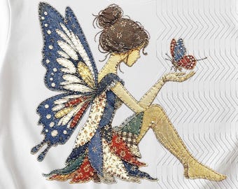 Butterfly Girl Faux Patchwork | PNG Design | Sublimation Design  | Fairy | Digital Download.