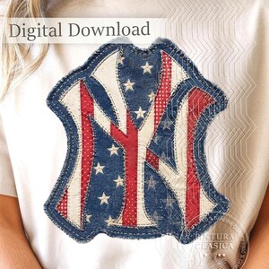 May include: A digital download graphic featuring the letters NY in a stylised font. The design incorporates a blue denim texture with white stars and red and white striped patterns, all outlined with a dark blue stitched border effect.