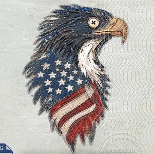 May include: A light-colored t-shirt featuring an embroidered eagle head design. The eagle is styled with a blue field of white stars and red and white stripes. A small brown button serves as the eagle's eye. The text Digital Download is visible.