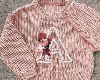 Personalized embroidered floral letter sweater, infant sweater, toddler sweater, custom sweater, milestone sweater, baby gift, birthday gift