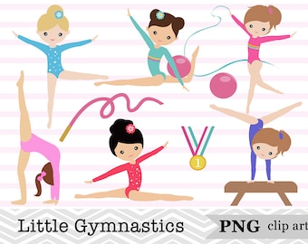 Peut inclure: Illustrations de jeunes gymnastes en action, avec des poses variées, des rubans, des ballons et une poutre. Les images montrent des filles en justaucorps. Le texte "Little Gymnastics" est affiché en bas.