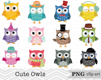 12 Digital Cute Owls Clip Art, Lovely Owls Clipart, Owl Scrapbook, Owl Birthday Invitation, Owl PNG Files, Instant Download
