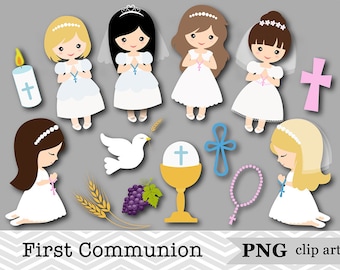 Könnte beinhalten: Clipart-Set mit Illustrationen zur Erstkommunion. Das Set enthält Bilder von Mädchen in weißen Kleidern, einem Kelch, einer Taube, einem Kreuz, einer Kerze, Weizen, Trauben und einem Rosenkranz.