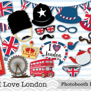 Printable I Love London Party Photo Booth Props, British Party Photo Booth Props, London Bus Tea Cup Big Ben Telephone Booth Props