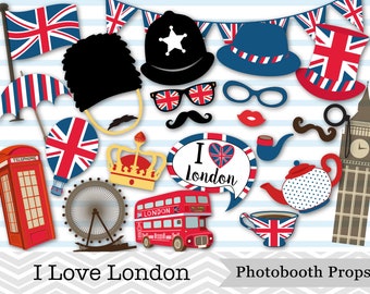 Printable I Love London Party Photo Booth Props, British Party Photo Booth Props, London Bus Tea Cup Big Ben Telephone Booth Props