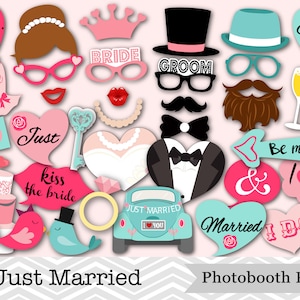 Printable Just Married Photo Booth Props, Wedding Party Photo Booth Props, Bride and Groom Photo Booth Props, Instant Download