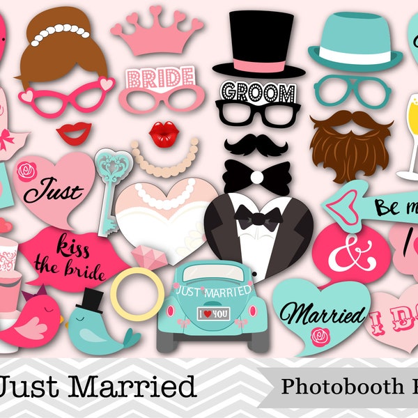 Printable Just Married Photo Booth Props, Wedding Party Photo Booth Props, Bride and Groom Photo Booth Props, Instant Download