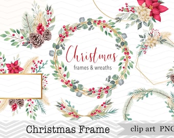 Christmas Frame Wreath Clipart, Watercolor Holiday Card Clipart, Christmas Photo Overlay Clip Art, Mistletoe Clipart, Instant Download