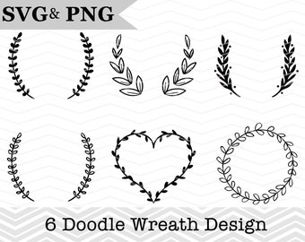 6 Hand gezeichnet Doodle Kranz Design SVG, Kranz SVG geschnitten Datei für Cricut, Lorbeerkranz SVG geschnitten Datei, Hand gezeichneter Kranz Png, Instant Download