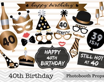 Printable 40th Birthday Photo Booth Props, Happy 40th Birthday Photo Booth Props, Gold and Black Birthday Photo Booth Prop, Instant Download