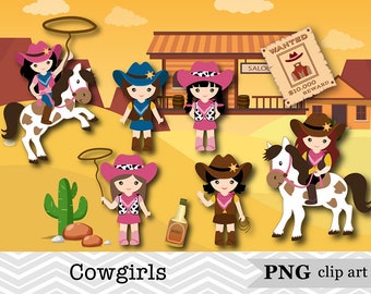 May include: Five cartoon cowgirls wearing pink and brown cowboy hats and vests. Two cowgirls are riding brown and white horses. One cowgirl is holding a lasso. One cowgirl is holding a bottle of whiskey. The background is a cartoon western town with a saloon and a wanted poster.