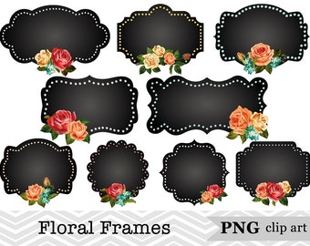 24 Digital Chalkboard Floral Frame Clip Art, Chalkboard Frame Clipart, Flower Clipart, Wedding Decoration, Scrapbook Instant Download