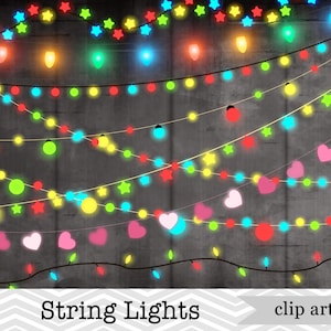 May include: Multicoloured string lights with star and heart shapes. The lights are strung on black wires and are hanging against a grey background. The text "String Lights" and "clip art PNG" is at the bottom of the image.