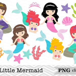 22 Digital Little Mermaid Clip Art, Little Mermaid Clipart, Girls Clipart, Birthday Invitation, Mermaid Scrapbook Instant Download